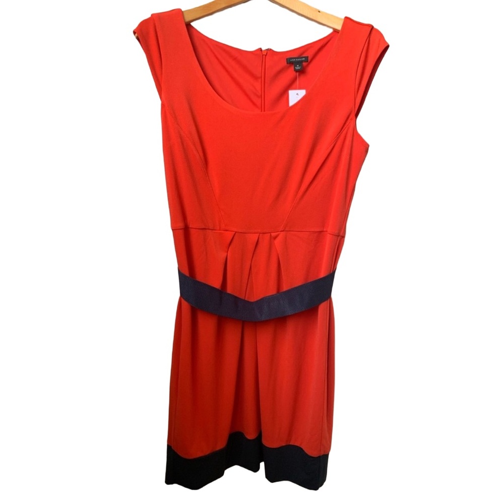 ANN TAYLOR Women’s Orange Dark Blue Grosgrain Trim Cap Sleeve Lined Dress